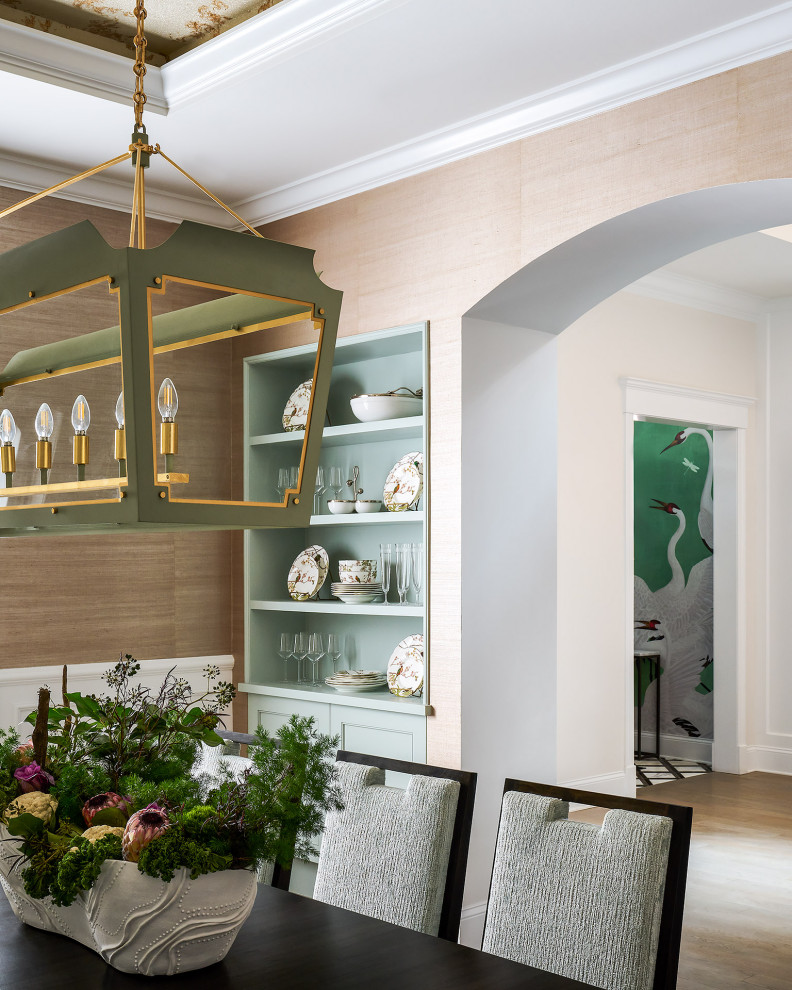 Mid-sized transitional light wood floor and wallpaper dining room photo in Chicago