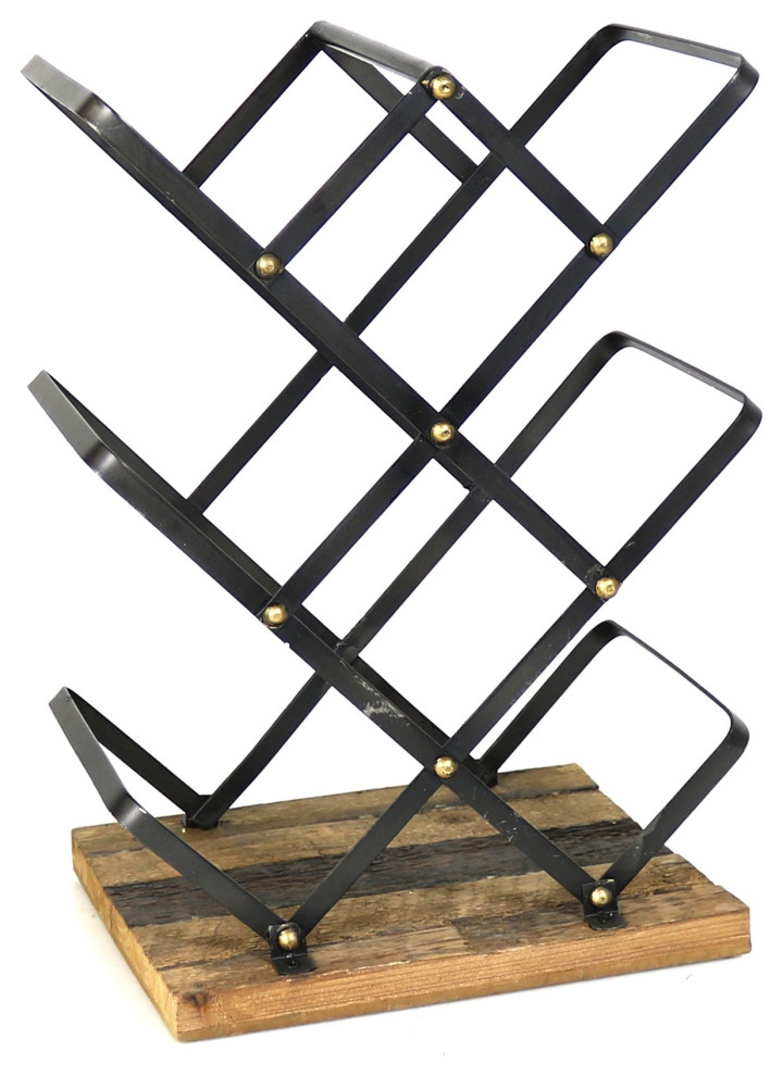 Industrial Style Criss Cross Wine Rack with Wooden Base, Black and