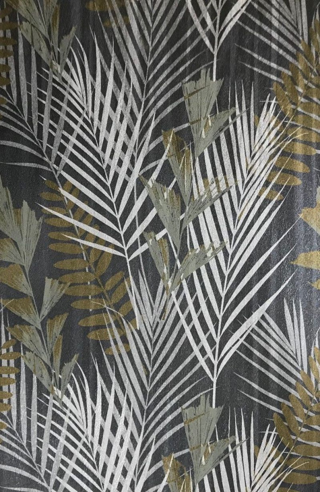 Black Floral Tropical Palm Leaves jungle Trees Wallpaper - Contemporary