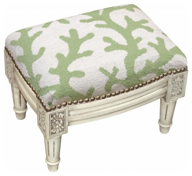 Coral Wool Needlepoint Antique Whitewash Wooden Footstool, Green