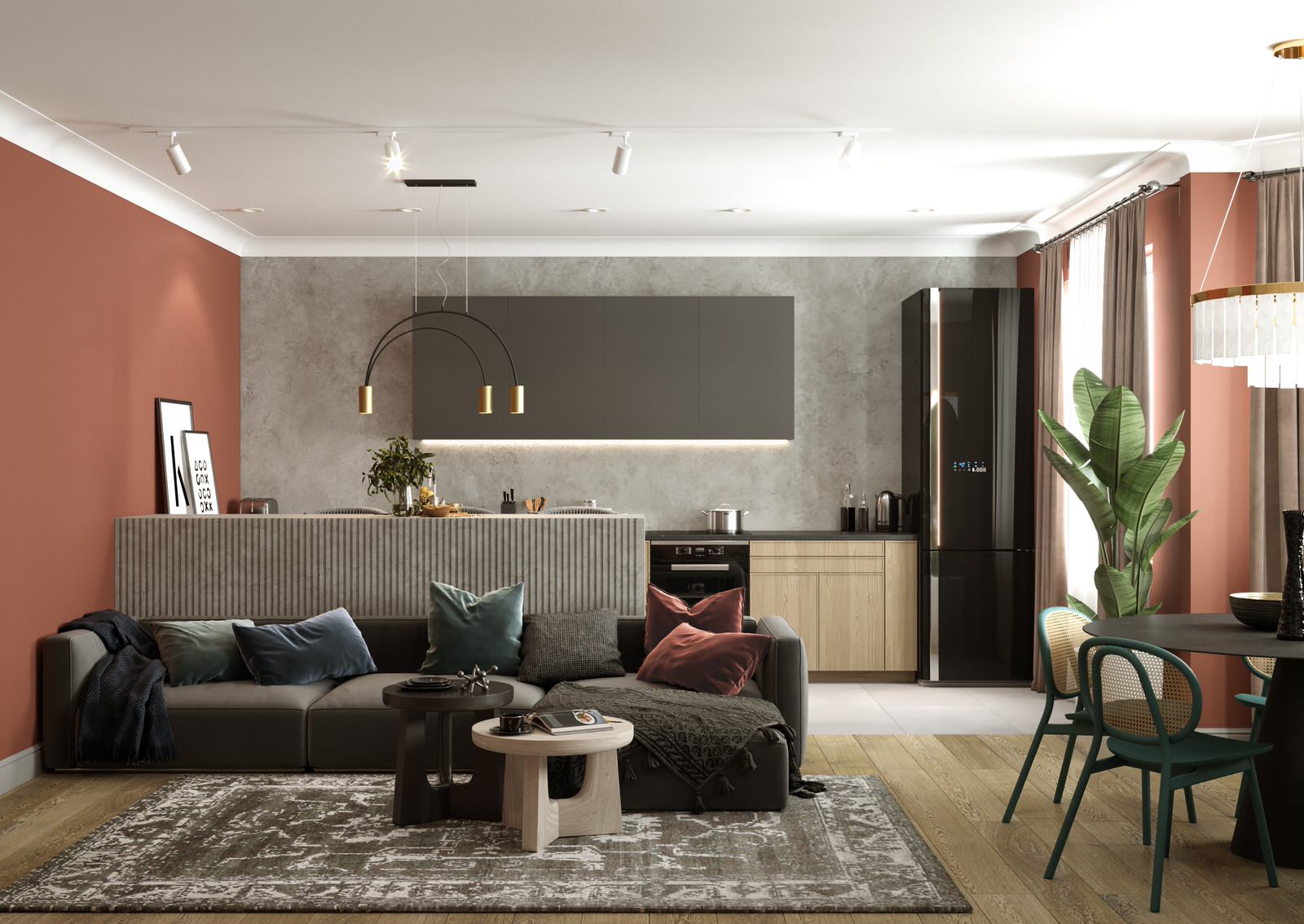 Квартира с монстерой и бетоном. Площадь 80 м2