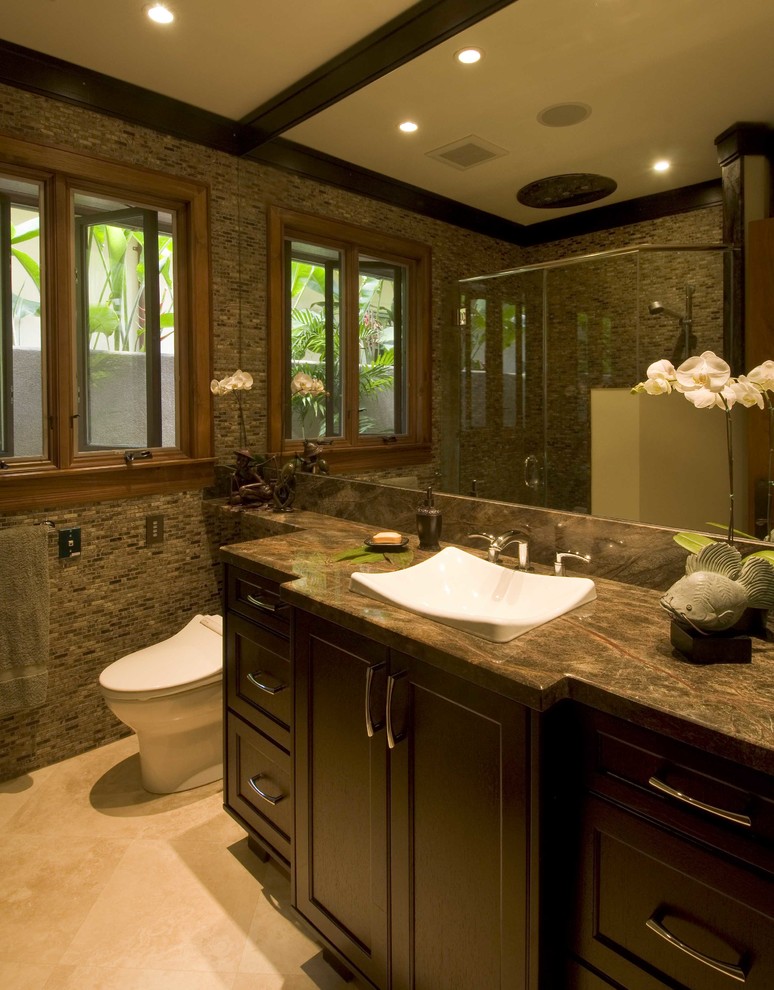 Design ideas for a mid-sized tropical master bathroom in Hawaii with flat-panel cabinets, beige cabinets, an undermount tub, beige tile, cement tile, beige walls, ceramic floors, a vessel sink, engineered quartz benchtops, grey floor and beige benchtops.