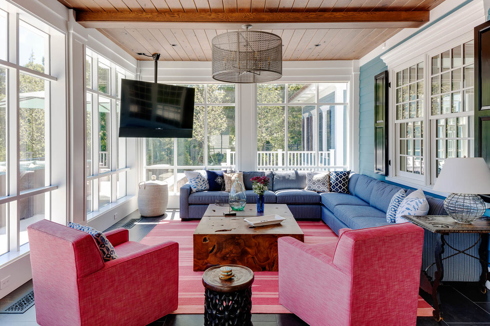 Beach style sunroom in Boston with a standard ceiling and black floor.