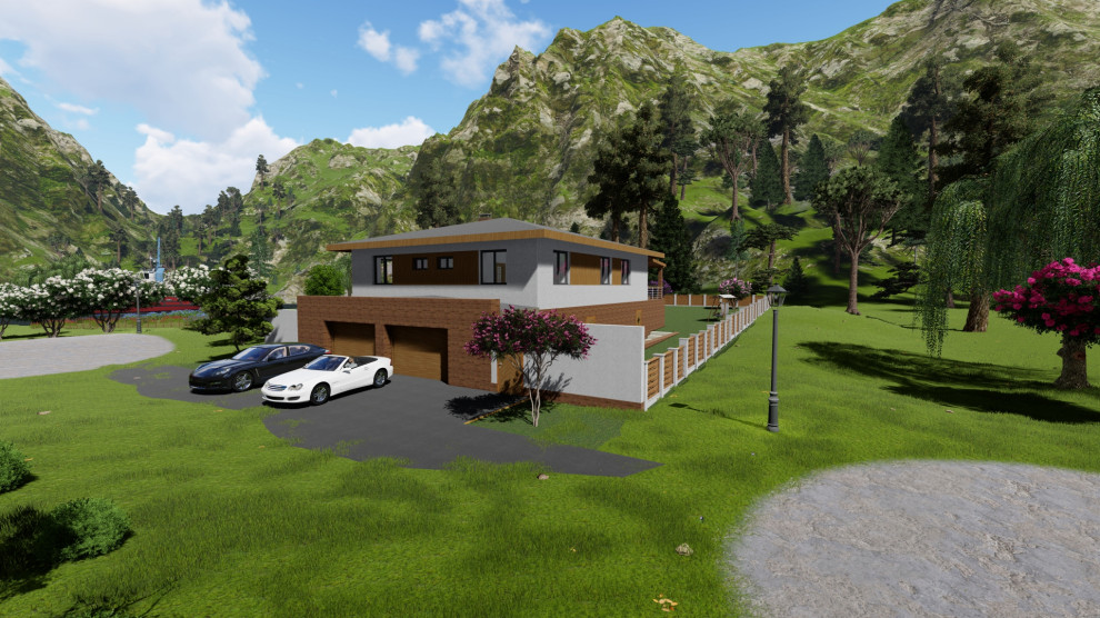 Дом на уклонном участке с цокольным этажом, и открытой терассой