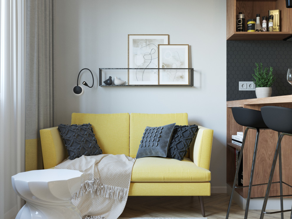 Лимонный меланж: солнечная и уютная кухня-гостиная.