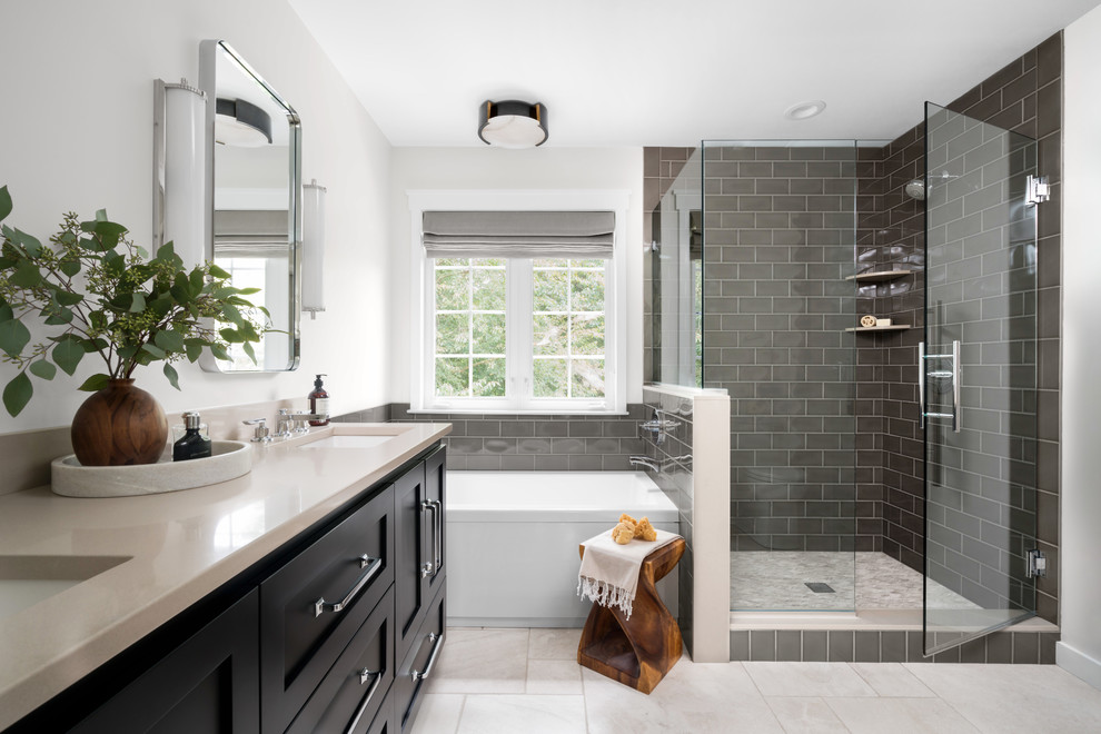Design ideas for a large transitional master bathroom in Other with shaker cabinets, black cabinets, a corner shower, subway tile, white walls, marble floors, engineered quartz benchtops, beige floor, a hinged shower door, beige benchtops, an alcove tub, gray tile and an undermount sink.