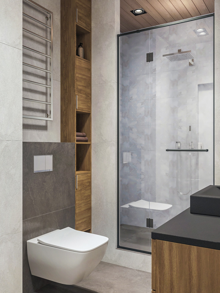 Inspiration for a mid-sized contemporary 3/4 wet room bathroom in Moscow with flat-panel cabinets, beige cabinets, a wall-mount toilet, gray tile, porcelain tile, grey walls, porcelain floors, a drop-in sink, solid surface benchtops, grey floor, a hinged shower door, pink benchtops, a single vanity and a floating vanity.