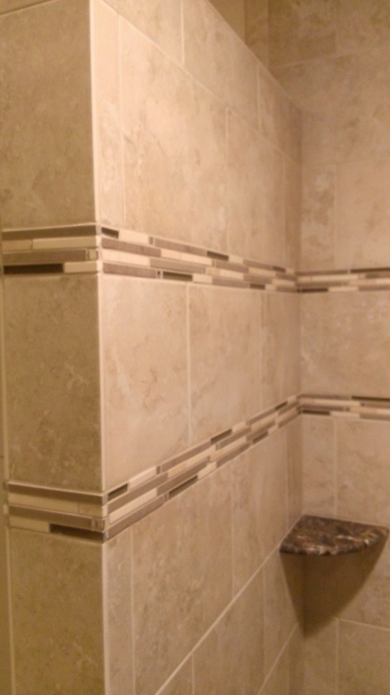 Inspiration for a contemporary bathroom in Austin with a double shower, beige tile and ceramic tile.