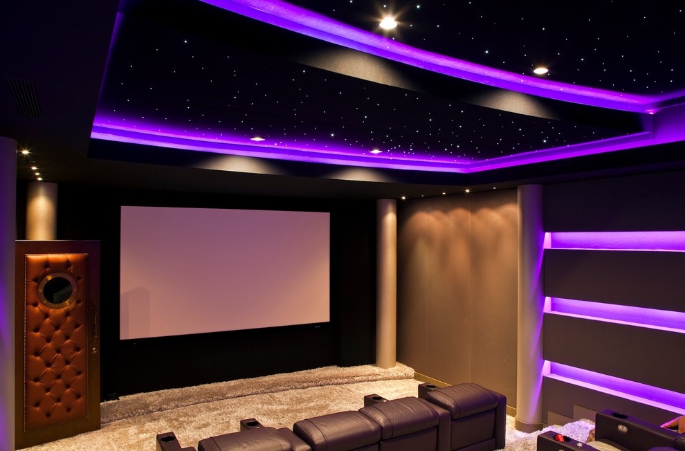 Inspiration for a large traditional home theatre in New York with yellow walls and ceramic floors.
