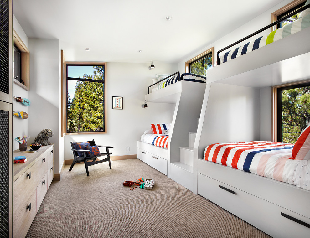 Inspiration for a contemporary gender-neutral kids' bedroom in San Francisco with white walls and carpet.