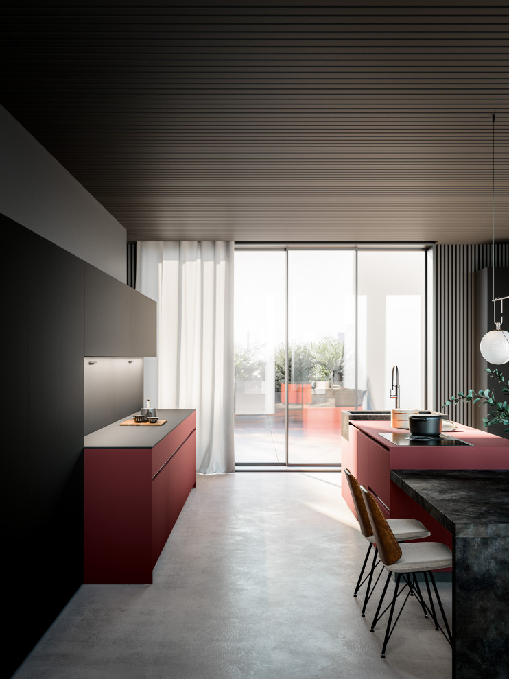 Идея дизайна: кухня в стиле модернизм с обеденным столом, монолитной мойкой, плоскими фасадами, красными фасадами, техникой под мебельный фасад, островом и красной столешницей