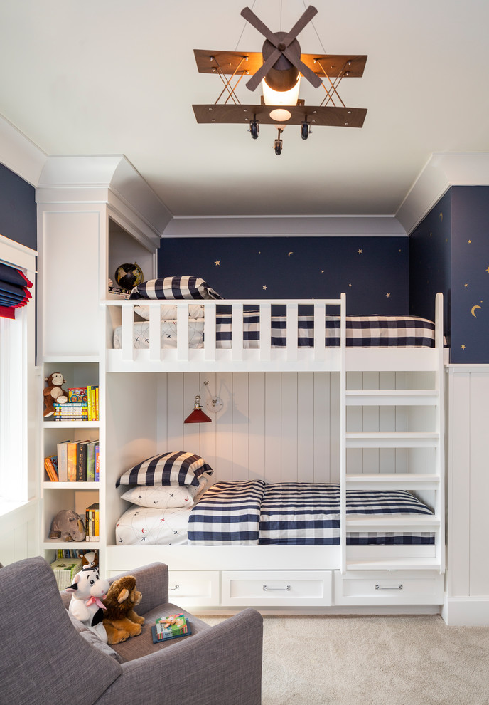 Platte Park - Kids' bedroom - large and bedroom transitional guest and gender-neutral carpeted and beige floor kids' bedroom idea in Denver with white walls