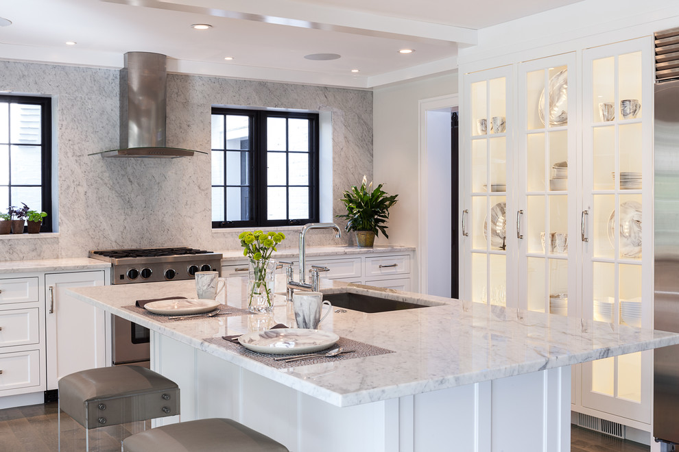 Design ideas for a large transitional l-shaped separate kitchen in DC Metro with an undermount sink, glass-front cabinets, white cabinets, grey splashback, stainless steel appliances, with island, marble benchtops, marble splashback, dark hardwood floors, brown floor and white benchtop.
