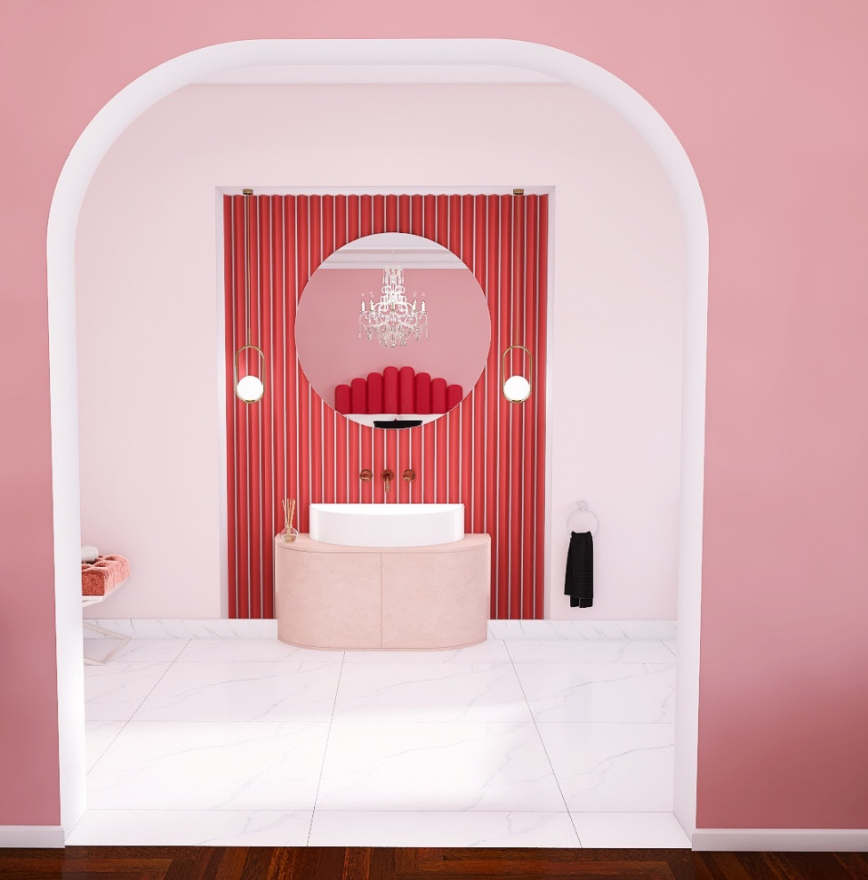 Großes Modernes Langes und schmales Badezimmer En Suite mit freistehender Badewanne, rosa Fliesen, Marmorboden, weißem Boden, rosa Waschtischplatte, Pflanzen, freistehendem Waschtisch und Wandpaneelen in Leipzig