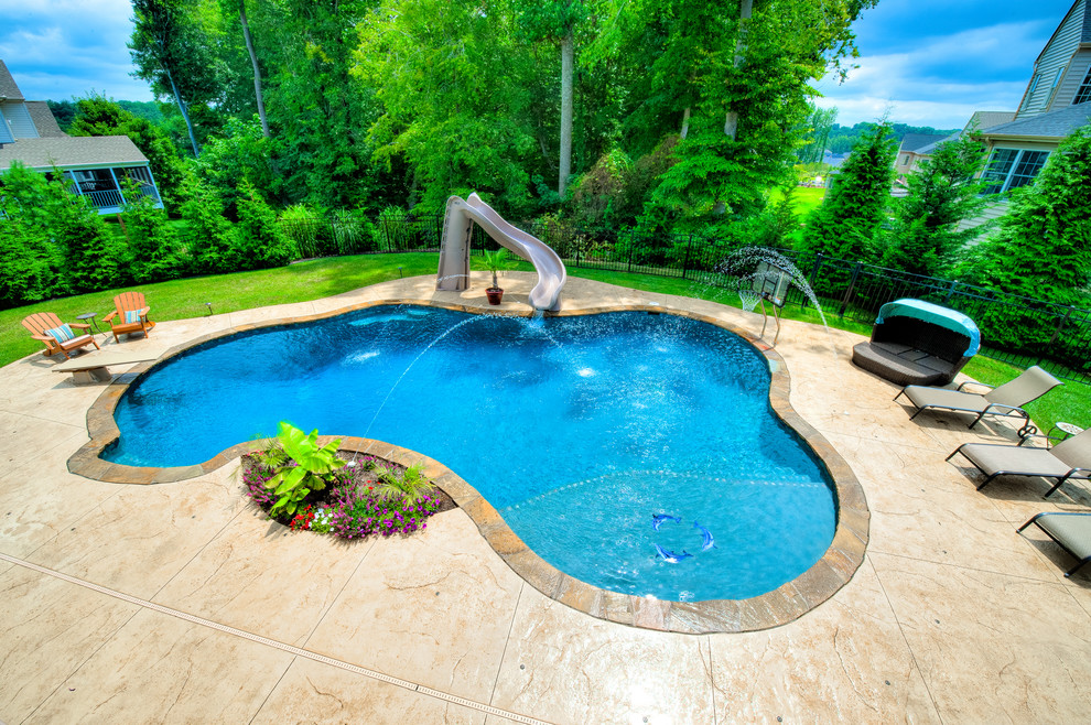 Photo of a large tropical backyard custom-shaped natural pool in Baltimore with a water feature and stamped concrete.