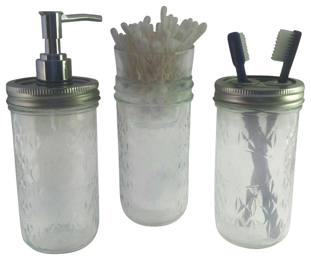 Houzz Jarringcreations Quilted Mason Jar 3 Piece Bath Set Quilted Mason Jar 3 Piece Bath Set Traditional Soap And Lotion