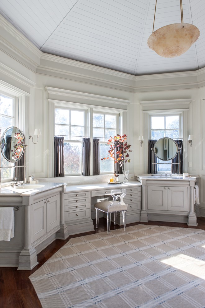 Traditional bathroom in DC Metro with beaded inset cabinets, grey cabinets, an alcove tub, beige walls, medium hardwood floors, an undermount sink, marble benchtops and with a sauna.