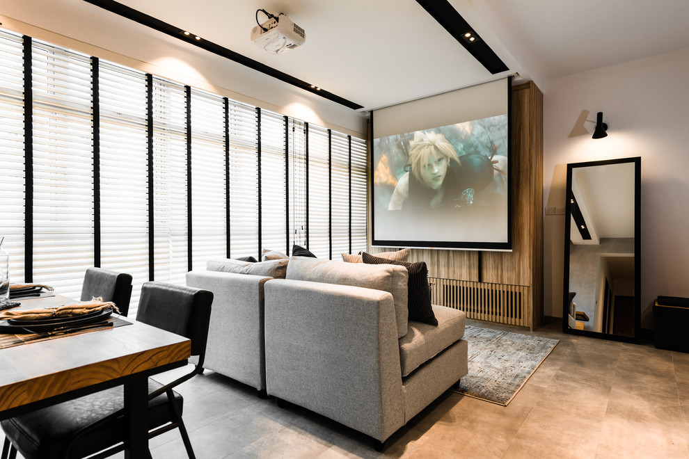 Design ideas for an industrial home theatre in Singapore.