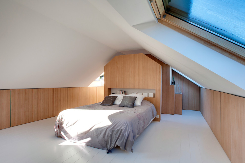 Inspiration for a large contemporary bedroom in Paris with white walls, painted wood floors and no fireplace.