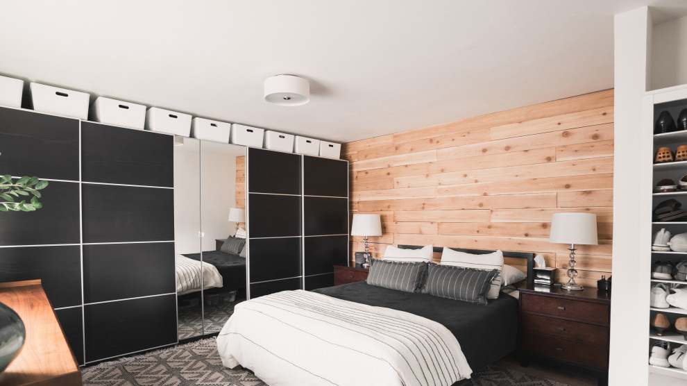 Modernes Schlafzimmer mit beiger Wandfarbe und grauem Boden in Denver