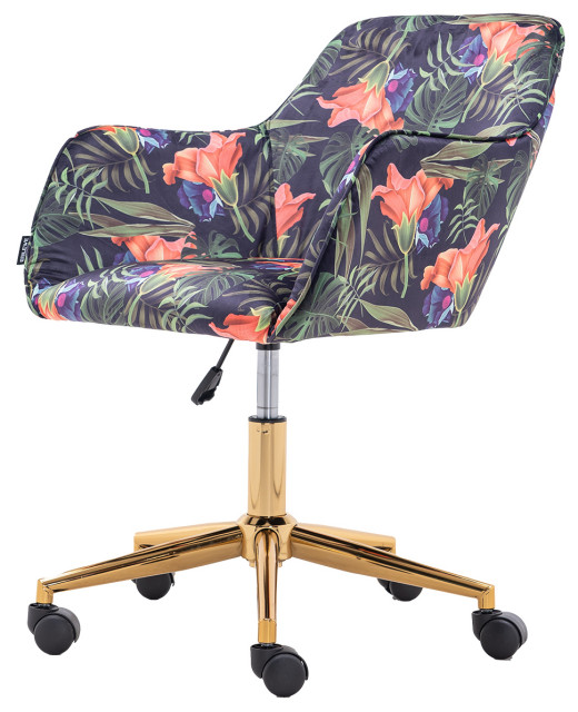 Flower Fabric Home Office Chair With Gold Metal Legs, Flower