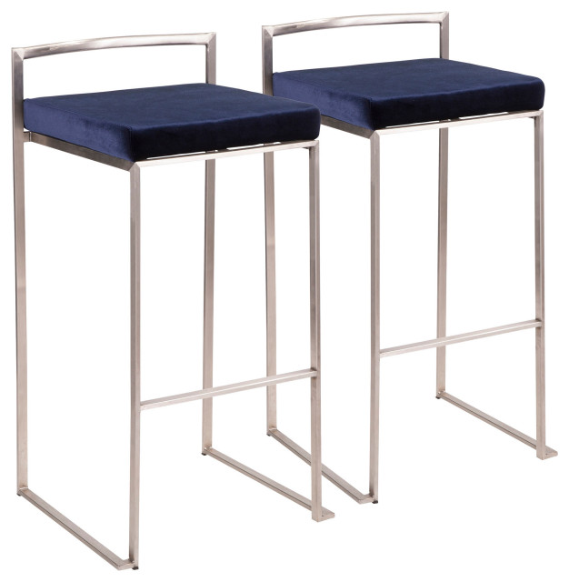 Fuji Stackable Barstool, Stainless Steel With Blue Velvet Cushion, Set
