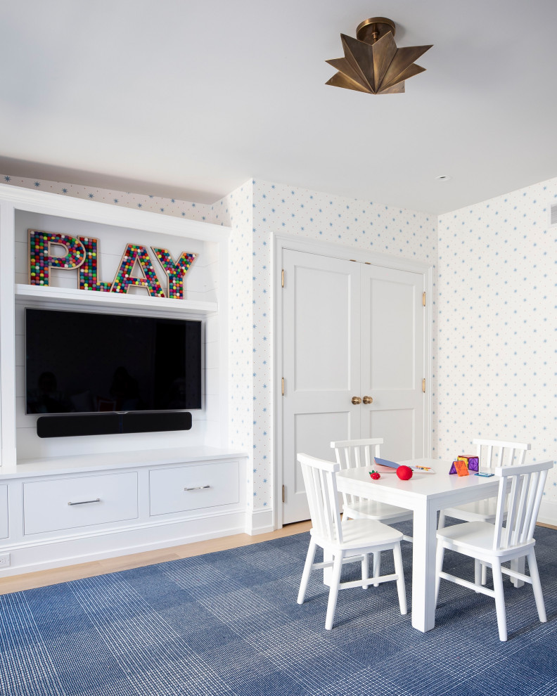 Inspiration for a large transitional gender-neutral kids' playroom for kids 4-10 years old in Philadelphia with multi-coloured walls, light hardwood floors and beige floor.