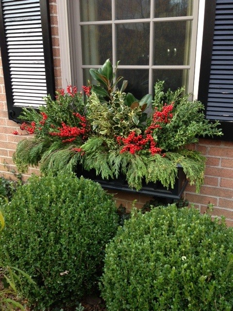 Garage Window Box with Variegated Holly Juniper Spruce Hemlock Cranberry and Southern Magnolia. This is a 36 inch black window box. Peter Atkins and Associates. LLC