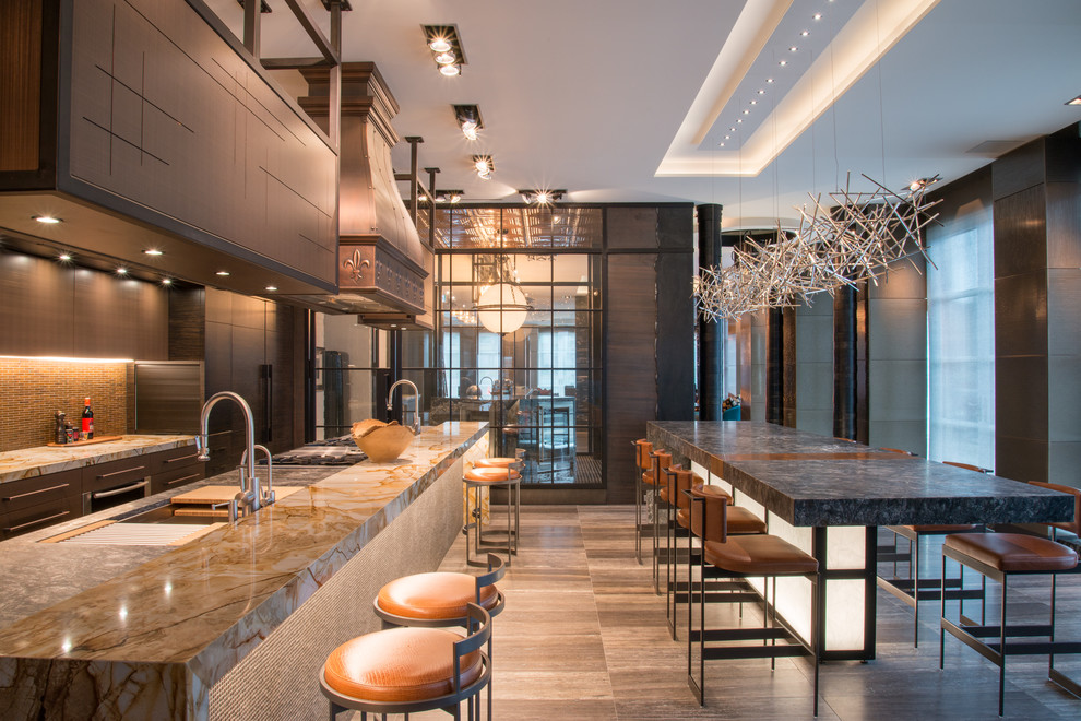 Inspiration for a contemporary galley eat-in kitchen in Toronto with an undermount sink, flat-panel cabinets, brown cabinets, brown splashback, mosaic tile splashback, panelled appliances, with island, grey floor and grey benchtop.