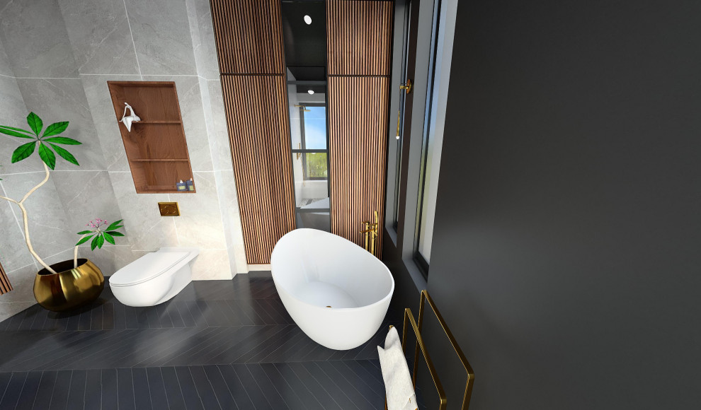 Bild på ett stort orientaliskt vit vitt en-suite badrum, med luckor med lamellpanel, skåp i mellenmörkt trä, ett fristående badkar, en dusch i en alkov, en vägghängd toalettstol, grå kakel, cementkakel, svarta väggar, klinkergolv i keramik, ett integrerad handfat, bänkskiva i kvarts, svart golv och dusch med gångjärnsdörr