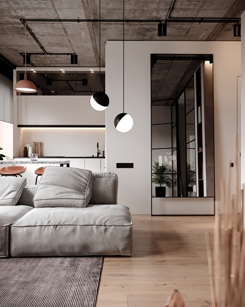 Идея дизайна: гостиная комната в стиле лофт