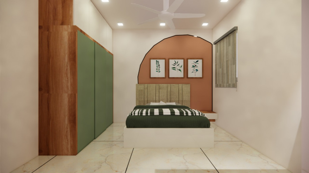 Imagen de dormitorio minimalista de tamaño medio con paredes beige, suelo de mármol y suelo beige