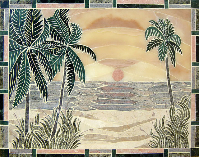 33.5"x26.5" Handcrafted Marble Mural Sunset Beach Backsplash