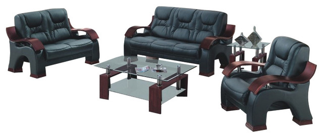 9025 Black Bonded Leather Three Piece Sofa Set With Mahogany Arms