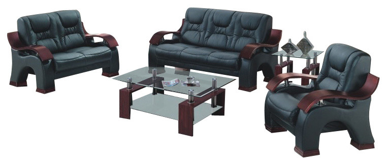 9025 Black Bonded Leather Three Piece Sofa Set With Mahogany Arms