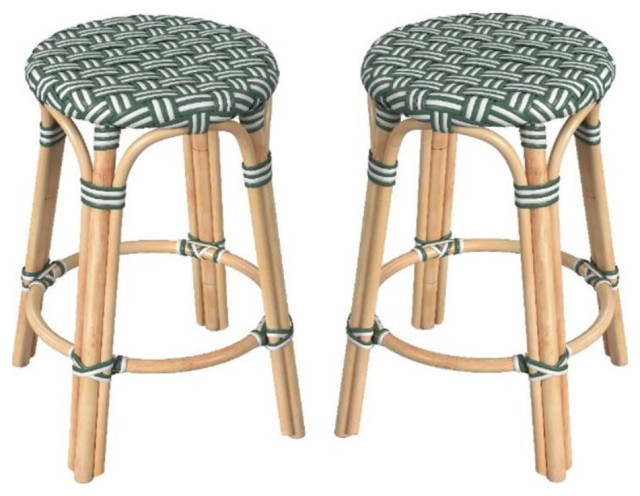 Home Square 24" Rattan Round Counter Stool in Green - Set of 2