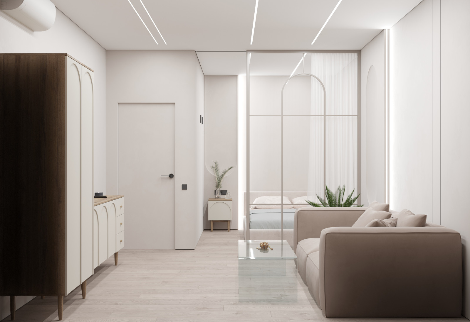 Стильная гостиная, совмещенная со спальней, в маленькой квартире.