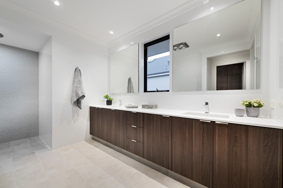 Design ideas for a modern master bathroom in Perth with an open shower and a drop-in sink.