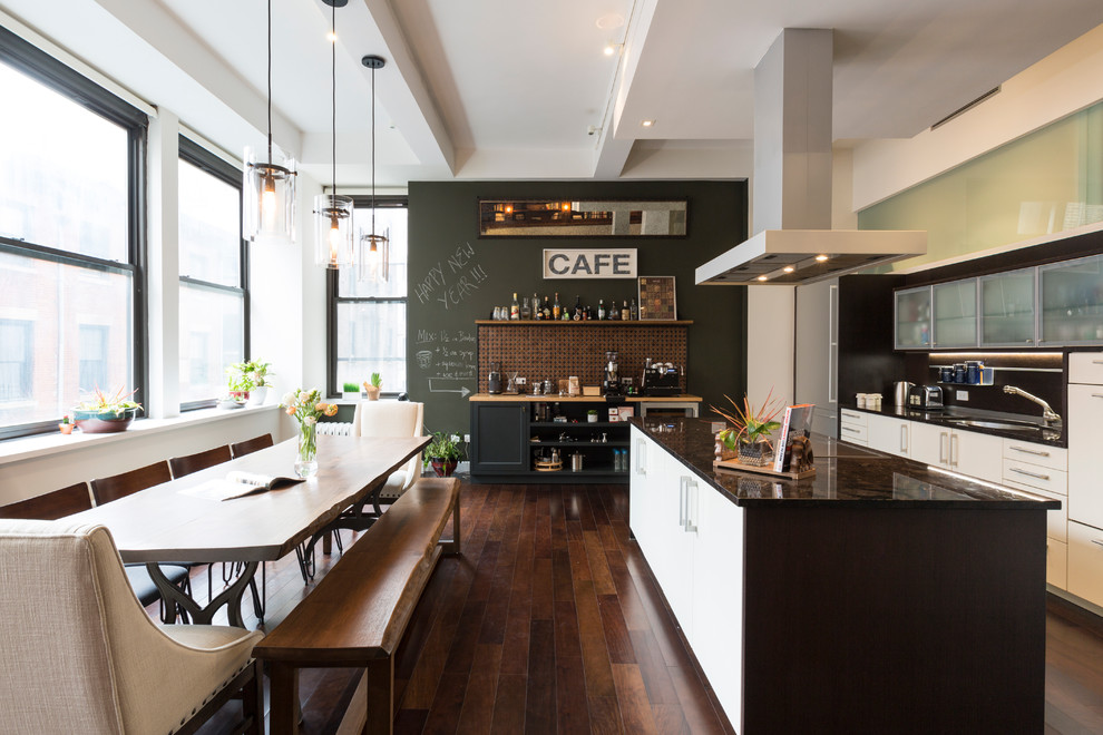 Inspiration for a mid-sized contemporary l-shaped eat-in kitchen in Los Angeles with an undermount sink, flat-panel cabinets, white cabinets, brown splashback, dark hardwood floors and with island.