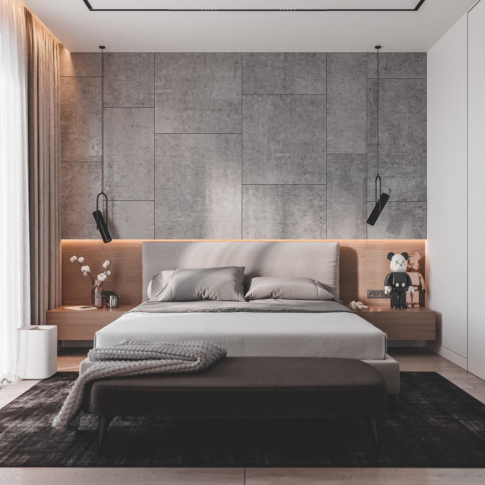 Современная светлая спальня с гардеробом