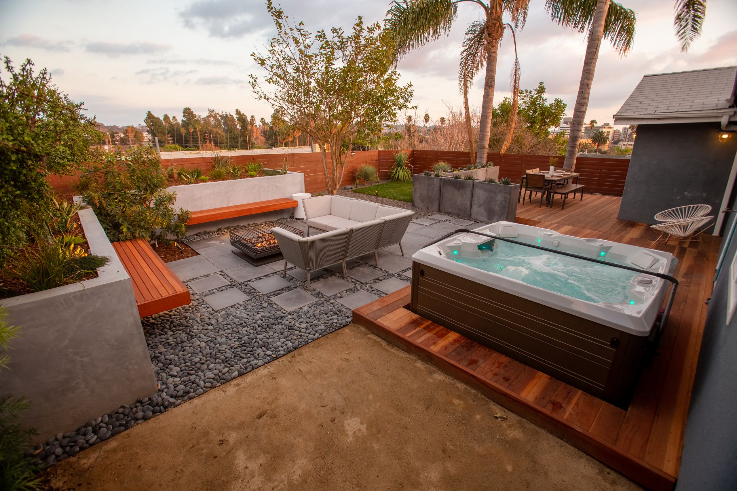 Backyard Remodel Jacuzzi Deck and Fire Pit Entertainment Seating Area