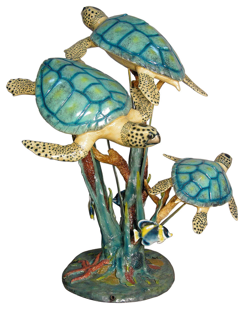 Three Sea Turtles Swimming 47" Bronze Sculpture, Special Patina Finish Beach Style