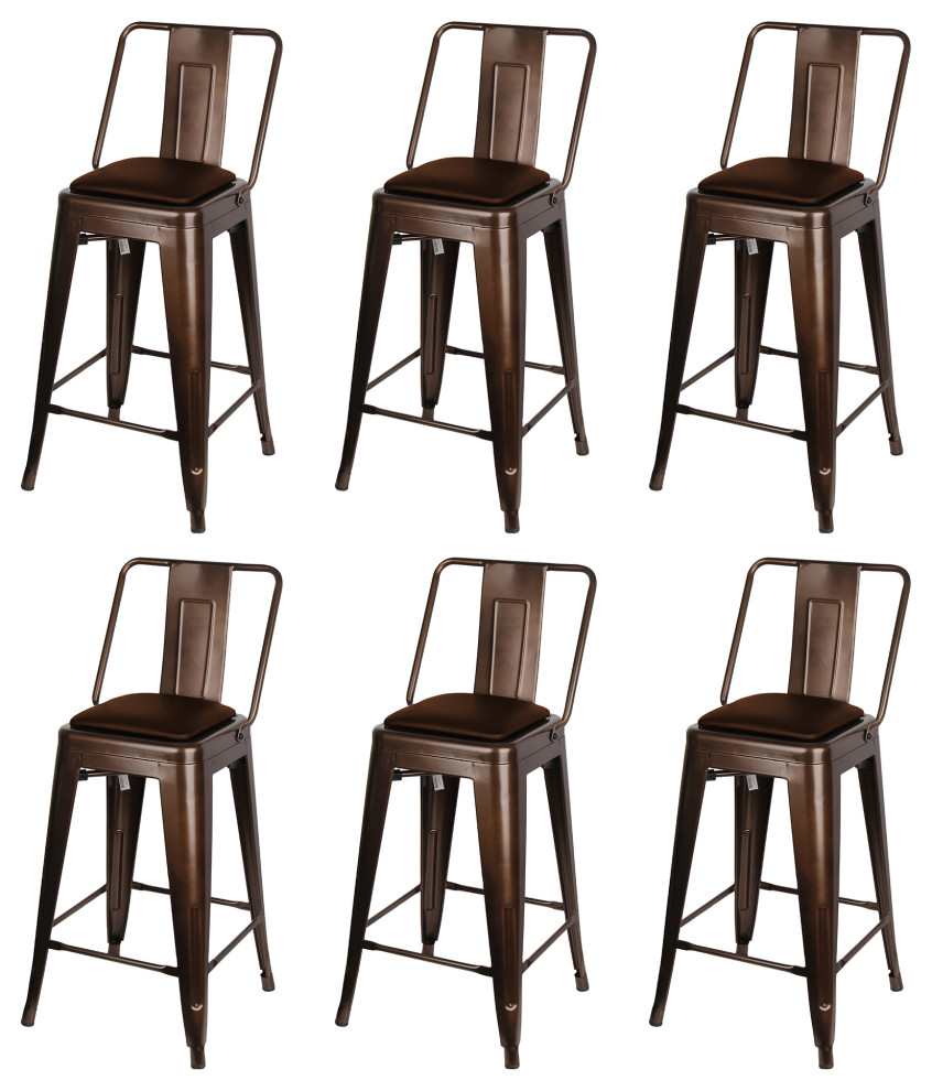 Highback Coffee Metal Bar Stools, Brown Vegan Leather Seat, Set of 6