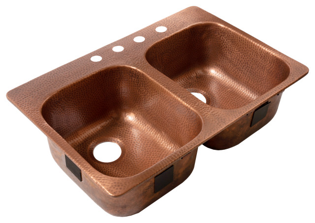 Santi 33" Drop-in Copper Double Bowl Kitchen Sink, 4-Hole Right Side