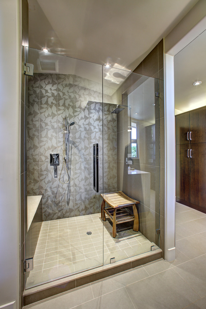 Inspiration for an expansive contemporary master bathroom in Sacramento with flat-panel cabinets, dark wood cabinets, an alcove shower, gray tile, ceramic tile, grey walls, porcelain floors, a trough sink and engineered quartz benchtops.