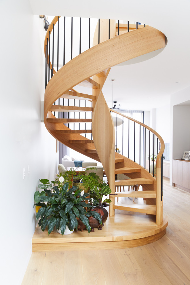 Réalisation d'un escalier sans contremarche hélicoïdal design de taille moyenne avec des marches en bois et un garde-corps en bois.
