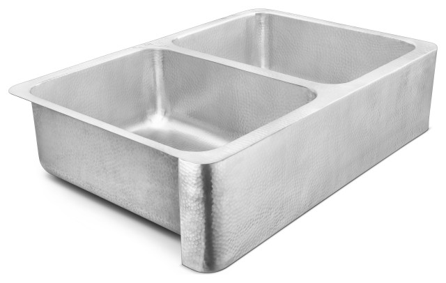 Lange Stainless Steel 32" Double Bowl Farmhouse Undermount Kitchen Sink, Brushed Stainless Steel