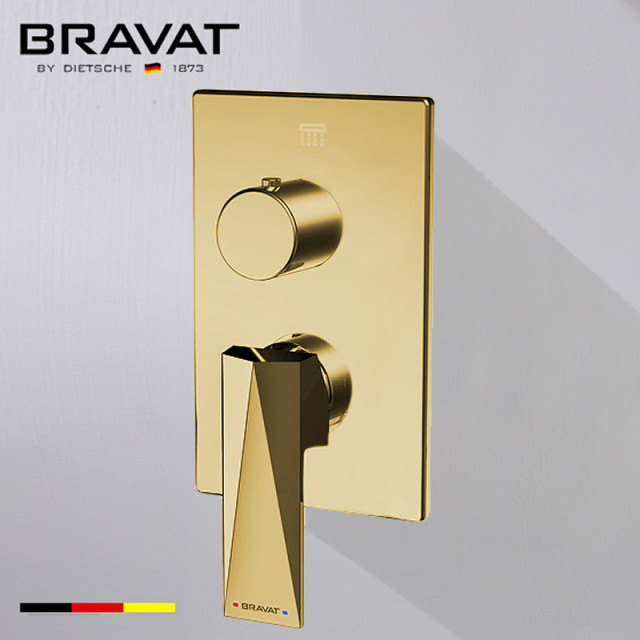 Bravat Brushed Gold Wall Mounted Square Shower Set, Valve Mixer 3-Way ...