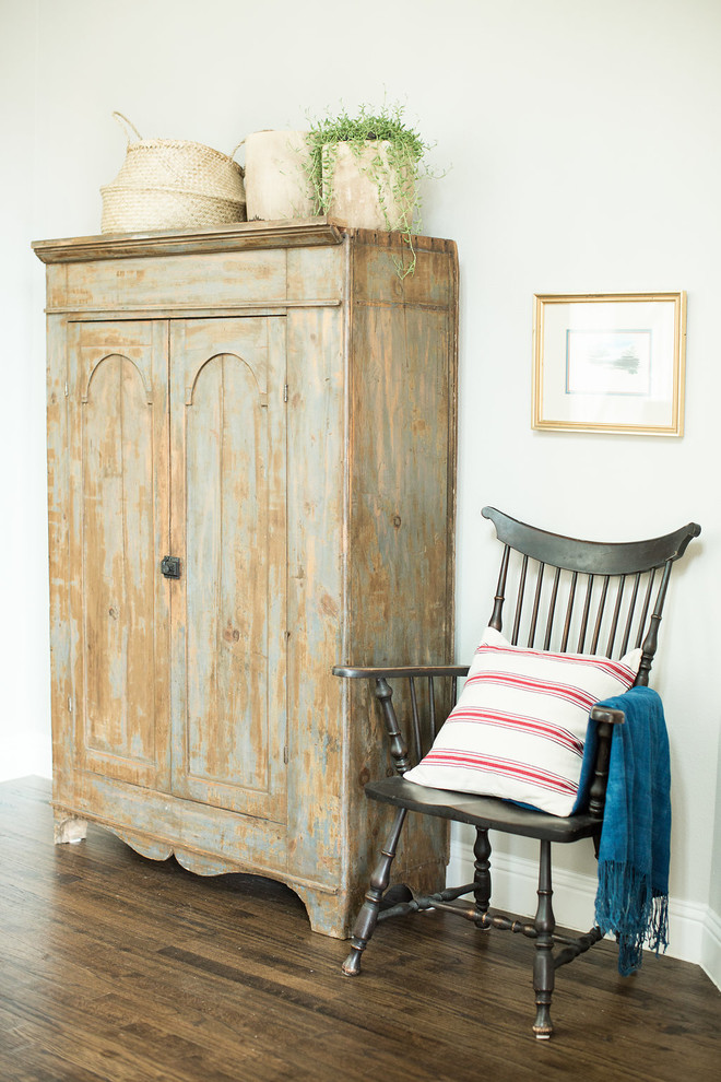 Mid-sized transitional medium tone wood floor and brown floor foyer photo in Dallas with gray walls and a medium wood front door