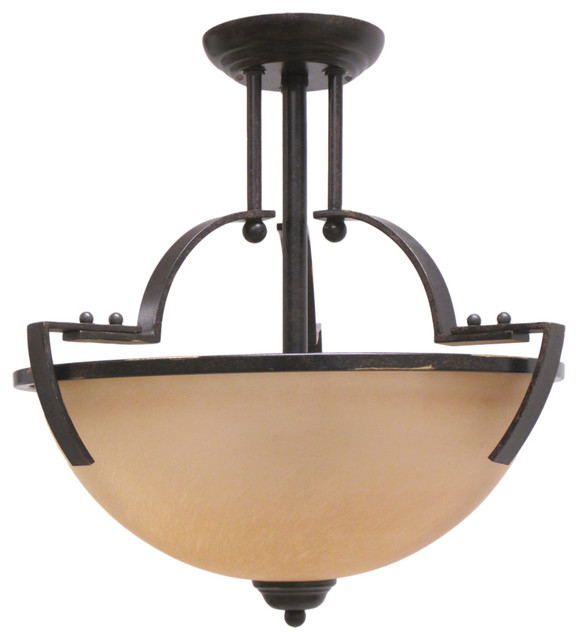 Black With Gold Accent And Amber Frost Glass Semi Flush Ceiling